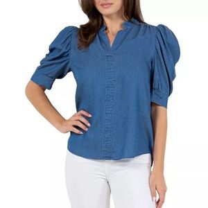Fever Women's Ruched Sleeve Stand collar Chambray Top size M